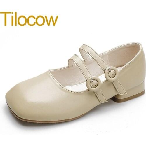 Tilocow Autumn Women Square Toe Mary Janes for Ladies Casual Japanese Style Pumps Shoes Woman Solid Low Heel Spring Loafers 2021
