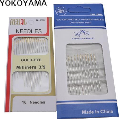 YOKOYAMA 16PCS/Bag Tail Gold Plated Stainless Steel Hand Sewing Needles Paper Box Package Home DIY Sewing Combination Tool