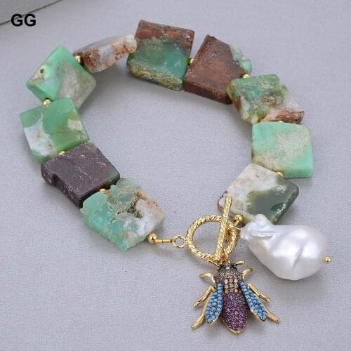 GuaiGuai Jewelry Natural Green Chrysoprase Square Hexagon Bracelet Keshi Pearl Cz Pave Insect Charm For Women