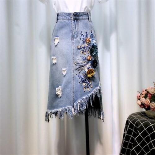 Women Summer 3D Flowers 2 Pieces Suits New White Cotton Tshirt Top And Tassel Denim Skirt Embroidery Sequined Set