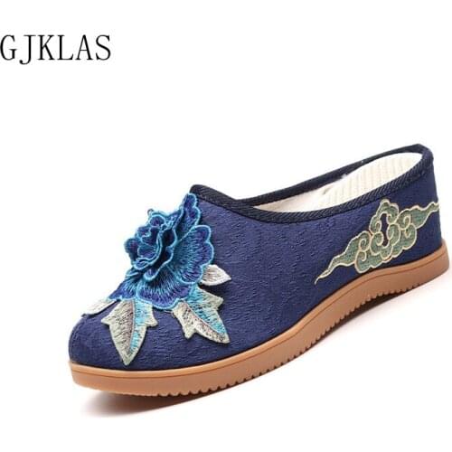 National Style Ladies Wedge Slippers Mules Platform Shoes Women Embroider Slipper Chunky Heels Casuales Canvas Shoes Oxfords