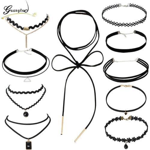 Punk Gothic Black Bead Geometry Triangle Black Velvet Clavicle Chocker Necklace Set For Women Fashion Jewelry Collares Steampunk