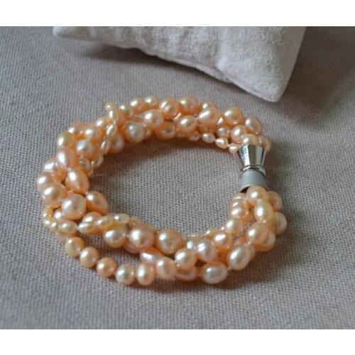 Stunning Pearl Jewelry,AA 3-8MM 8 Inch Pink 100% Real Freshwater Pearl Bracelet,Natural Pearl Jewelry.Magnet Clasp
