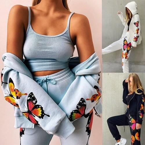 Women2 Piece Set Tracksuit Animal Butterfly Printed Zipper Loose Hooded Long-Sleeved Pant Suits Trajes De Pantalon