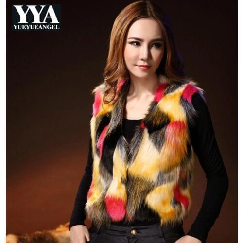 2019 Winter New Woman Sleeveless Short Jackets Fashion Match Color Faux Fox Fur Vest Slim Fit Woman Furry Coats Plus Size S-3XL