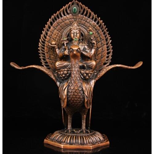 11" Tibet Buddhism Old Bronze Gem Peacock King Bodhisattva Statue Buddha Mother Great Peacock King Peacock as a mount Enshrine