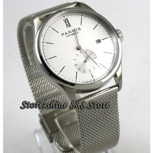 42mm parnis white dial steel strap date window leather ST1731 automatic mens watch