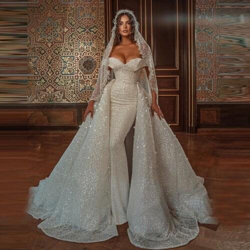 Glitter Detachable Train Wedding Dresses Cap Sleeves Mermaid Bridal Dress Dubai Arabic Luxury Beaded Plus Size Gowns
