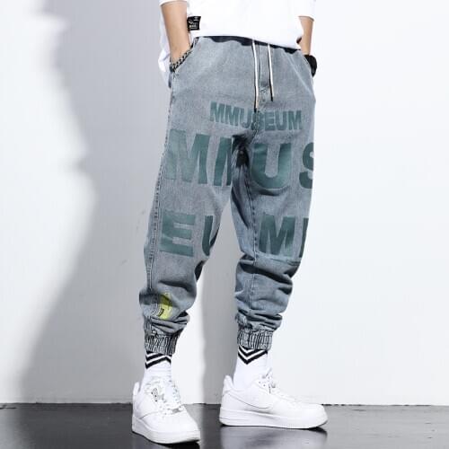 Fashion Men Jeans Retro Blue Printed Designer Harem Jeans Japanese Style Joggers Pants High Quality Streetwear Hip Hop Jeans