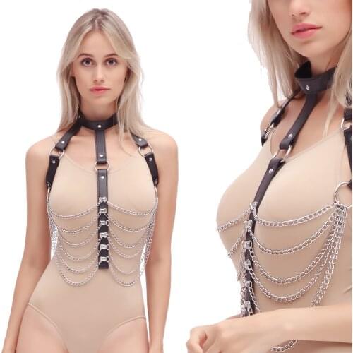 Erotic Accessories With Leather Collar Bondage Harness And Sexy Metal Chain For Couples Flirting,Intimacy Costumes For Sex
