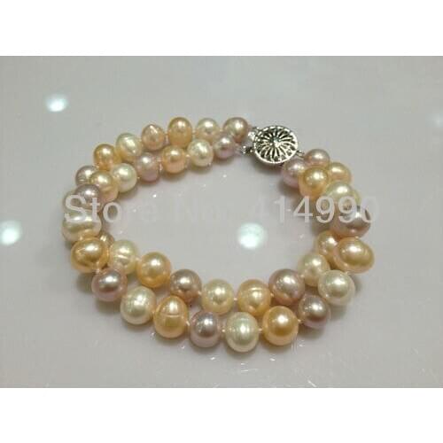 Classic freshwater pearl bracelet 7-8MM nearround shape real pearl bracelet double strings