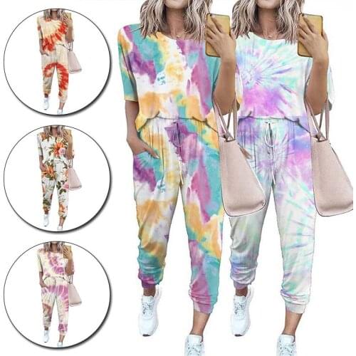 New Womens Summer Suit Autumn 2PCS Short Sleeve Tank Top Lace-Up Thin Pants Tracksuit Fashion Print Casual Sports Home Wear