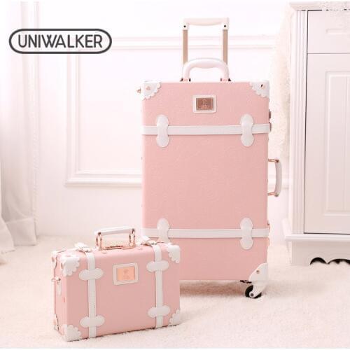 TOP Sale Pu Leather Girls Vintage Suitcase Sets Travel Cute Pink Cabin Size Hand Carry-On Luggage With 360 Degree Spinner Wheel