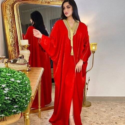 Moroccan Kaftan Dubai Dresses for Women 2020 Golden Ribbon V Neck Batwing Sleeve Muslim Turkey Arabic Clothes Velvet