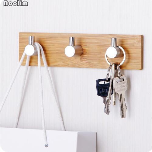 NOOLIM Natural Bamboo Stainless Steel Hook Wall Clothes Bag Headphone Key Hanger Kitchen Bathroom Door Towel Rustproof Shelf