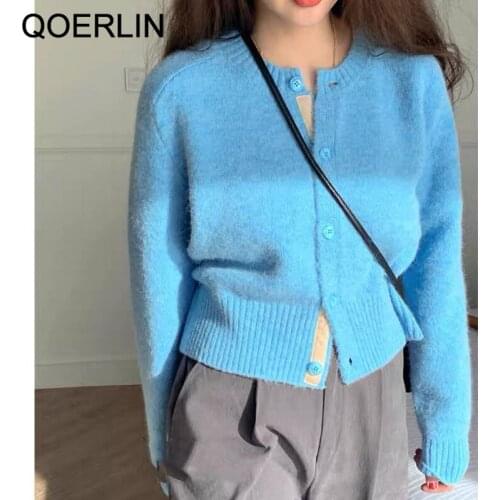QOERLIN Autumn New Korean Chic Mint Green Sweater Womens Knitted Cardigan Jacket Button Up Sweater Female Winter Women Clothing