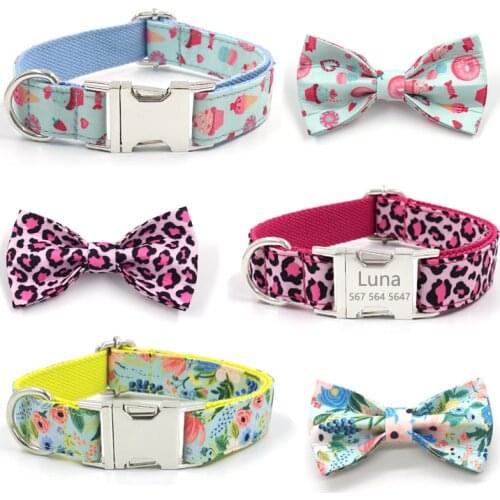 Personalized Dog Collar Customized Collar with Bow Tie Printed for Small Medium Large Dogs Collar Engraving Tag Nameplate Custom
