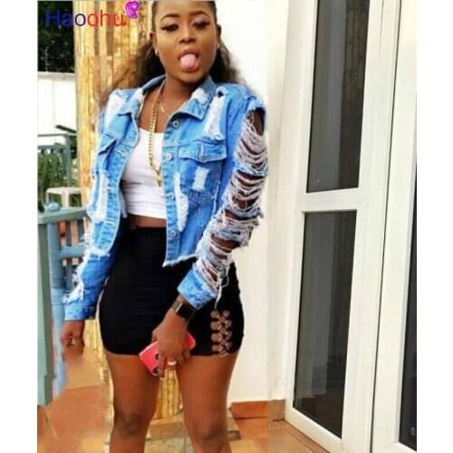 HAOOHU Sexy tassel Denim Jacket Women Hole Long Sleeve Vintage Jeans jacket ladies Slim Autumn Denim Coat plus size