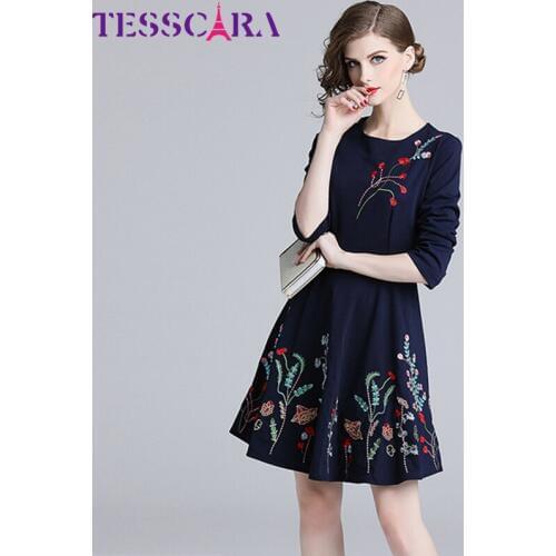 TESSCARA Women Autumn Elegant Floral Embroidery Dress Festa Female High Quality Vintage Designer Vestidos Event Party Robe Femme