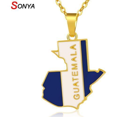 SONYA New Guatemala Map and Flag Pendant Necklaces For Women/Men Gold Color Guatemala Country Jewelry Patriotic Gifts