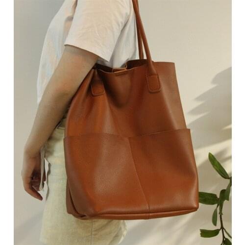 Women Leather Handbag Multi color Soft Genuine Leather Bucket Bags Simple Large Shopping Shoulder Bag Female Casual Tote Bags