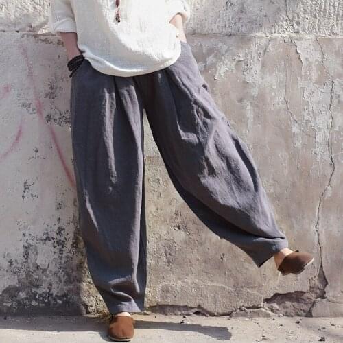 2019 Spring Women Retro Cotton Linen Elasitc Waist Pants Loose Vintage Solid Color Trousers Plus Size Pants