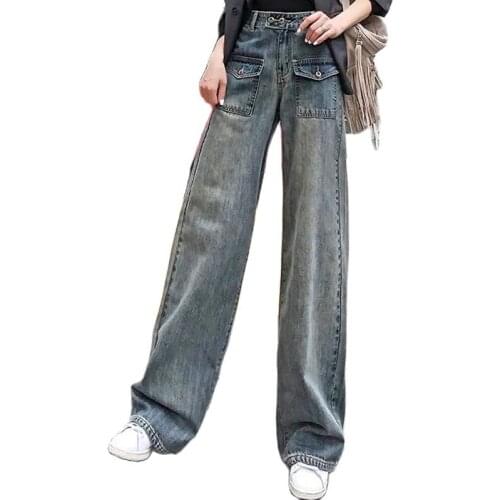 Women 2021 Wide-leg Button Jean Female New Spring Autumn Retro Nostalgic Blue High Waist Loose Slim Straight Mopping Trouser 614