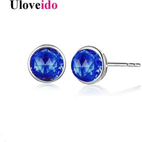 Uloveido 925 Sterling Silver Fashion Stud Earrings for Women Blue Earings with Stones Cubic Zirconia Womens Earring 2017 LR002