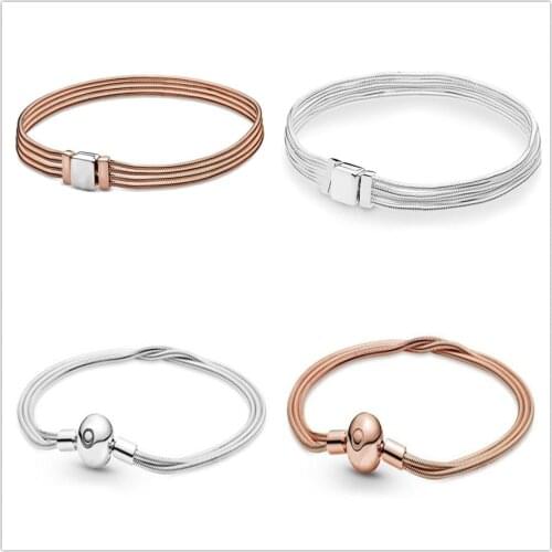 Authentic 925 Sterling Silver Bracelet Reflexions Rose Multi Snake Chain Bracelet Bangle Fit Women Bead Charm Fashion Jewelry