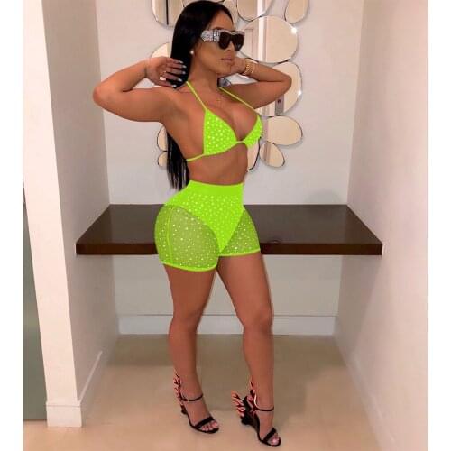Women Two-piece Swimwear Set Bikini Tops and High Waist Swimming Short Red/ Blue/ Fluorescent Green/ Purple