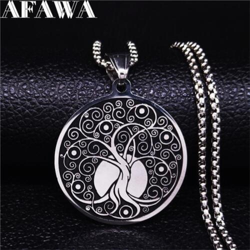 AFAWA 2021 Tree of Life Stainless Steel Statement Necklace for Women Silver Color Necklaces & Pendants Jewelry joyas N4017S02