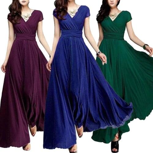 2021 New Trendy Bohemian Women Solid Color Short Sleeve V Neck Tight Waist Maxi Evening Party Wedding Party Dress Gift