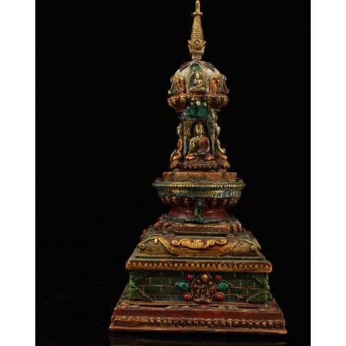 13"Tibet Temple Collection Old Bronze Painted mosaic Gem outline in gold pagoda stupa Shakyamuni Buddha Town House Exorcism