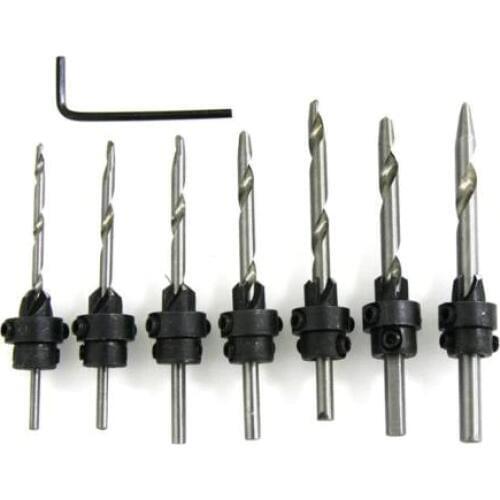 7pcs Tapered Drill Bits Countersink Set Adjustable Stop Collars Hex Key Pilot Tapered Wood Drill Bit Screws Dowel Pocket