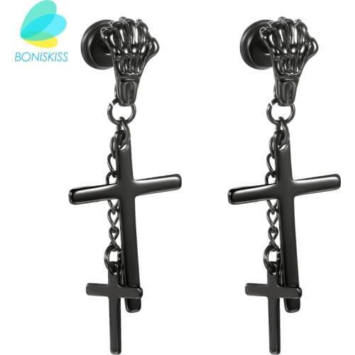 Boniskiss Fashion Unisex Women Male Skeleton Hands Prayer Earrings Black 316 Stainless Steel Cross Charm Drop Dangle Earrings