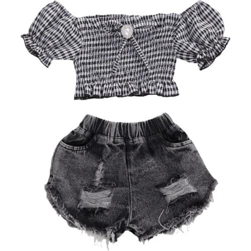 2020 Baby Summer Clothing Kids Girls Top Denim Shorts Off-Shoulder Crops Tops Ruffle Sleeve Bow Blouse Ripped Pants with Pockets
