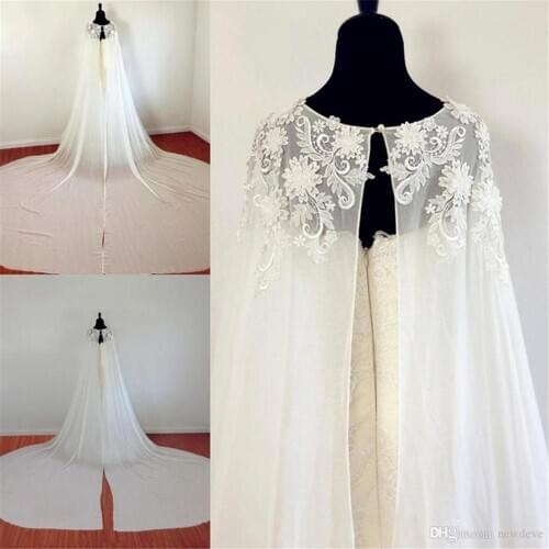 New 2021 Long Lace Bridal Jacket Wraps White Cloaks Flower Appliques Wedding Boleros Shawls Illusion Wedding Accessories