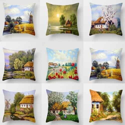 European and American style oil painting country landscape house trees pillowcase sofa car cushion cover decoration