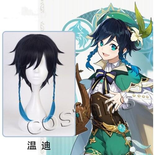 Genshin Impact Venti Cosplay Wigs Gradient Blue Short Cosplay Braid Wigs Heat Resistant Synthetic hair Halloween Cosplay Costume