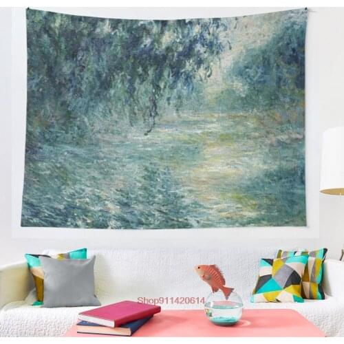 Monet Morning on the Seine Fine Art tapestry Art Wall Hanging Living Room Decor Craftsmandala Decorative Thin Blanket Yoga