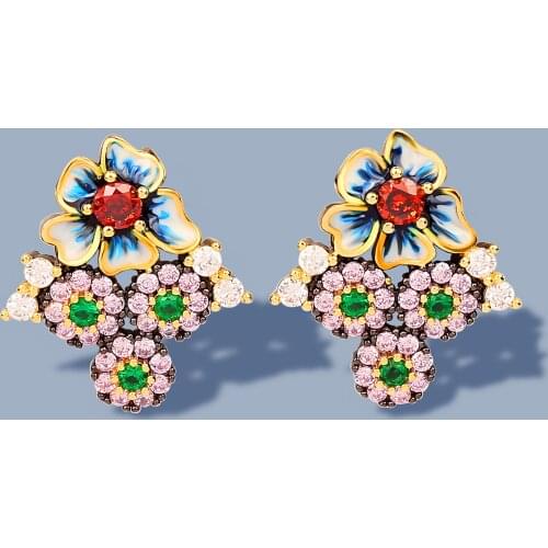 Exquisite Womens 925 Silver Earrings Flower Shape Luxury Diamond Colored Enamel Flower Earrings Jewelry Earrings for Women