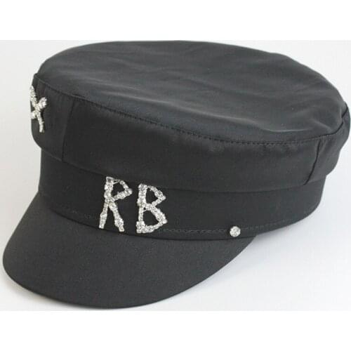 Spring Autumn Newsboy Caps Fashion Diamond Military Hat Visor Sailor Hats Black Ladies Beret Flat Top Letter Captain Cap