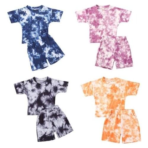 Summer Girls Tie-Dye set Round Neck Short Sleeve T-Shirt Pants 2 Pieces Kids Children Clothes Set