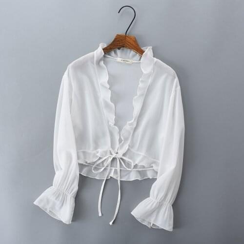Summer new chiffon ruffles lace up small cardigan for women short fairy blouse cover shirt sweet outer outfit Sun protection