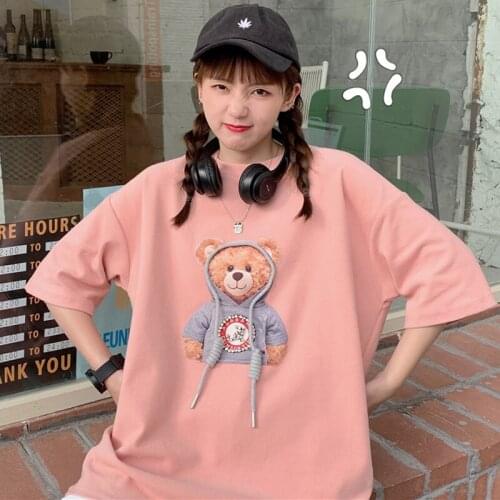 Summer Cool Bear Short-Sleeved Female t-Shirt Female Loose Korean Harajuku Style Unique Design Half-Sleeved Cute Girl Blouse