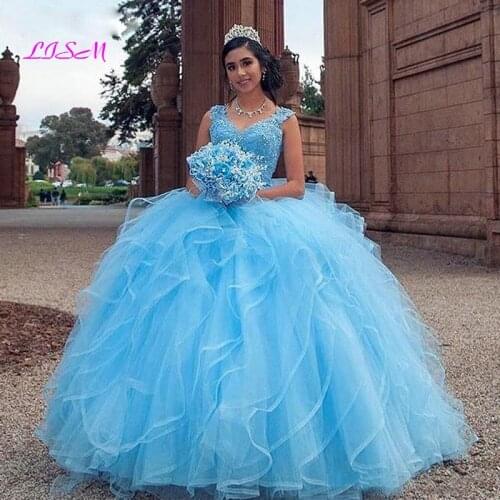 Princess Sweet 15 Ball Gown Light Sky Blue Quinceanera Dresses 2021 V-Neck Appliques Sequined Sleeveless Party Pageant Tiered