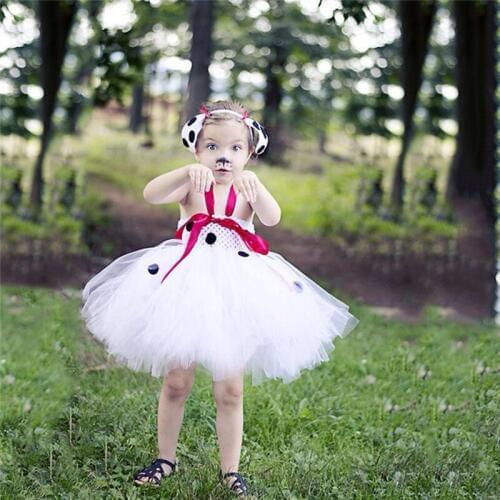 Cute Girls White Dog Tutu Dress Baby Crochet Red Strap Dress with Black Dot and Hairbow Kids Cosplay Party Costume Cartoon Dress