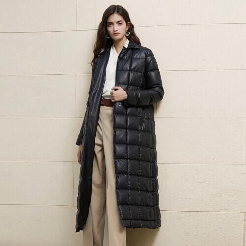 Fashion super longer pu leather Down Coat Female Winter runway show thicker Warm Down Jacket Hooded Down Parkas With Belt F2599