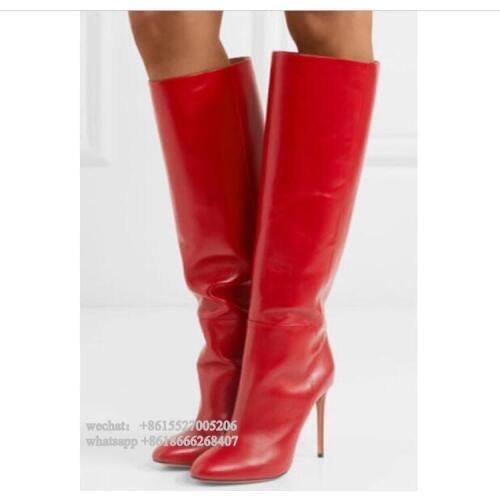 Fashion Red Leather Pointed Toe Thin High Heel Women Boots Winter Knee Boots Plus size 43