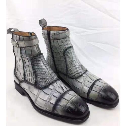 Super big size 100% real genuine crocodile skin gray black colors men boots winter shoe with real cow skin lining and base